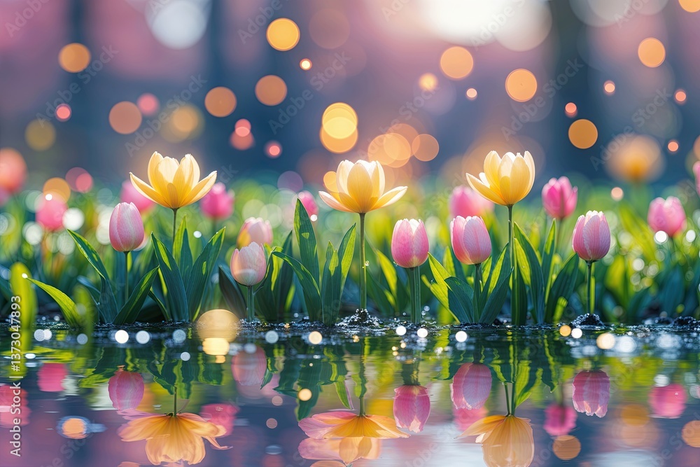 Poster whimsical spring reflection with soft blur and bokeh effects