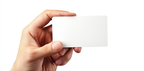 Obraz premium On a plain white background, a human hand delicately holds a prominently displayed rectangular card mockup, with the thumb and fingers softly grasping the edges