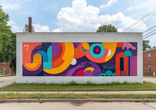 A dynamic street art mural mockup with vibrant colors, abstract shapes, and bold typography on a white brick wall, perfect for innovative branding and design ideas