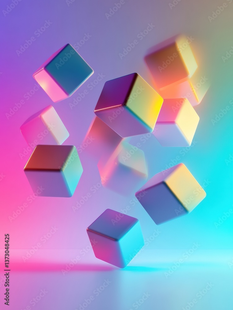 Poster Futuristic background featuring floating colorful 3D cubes with soft reflections and neon gradients in a minimalistic design