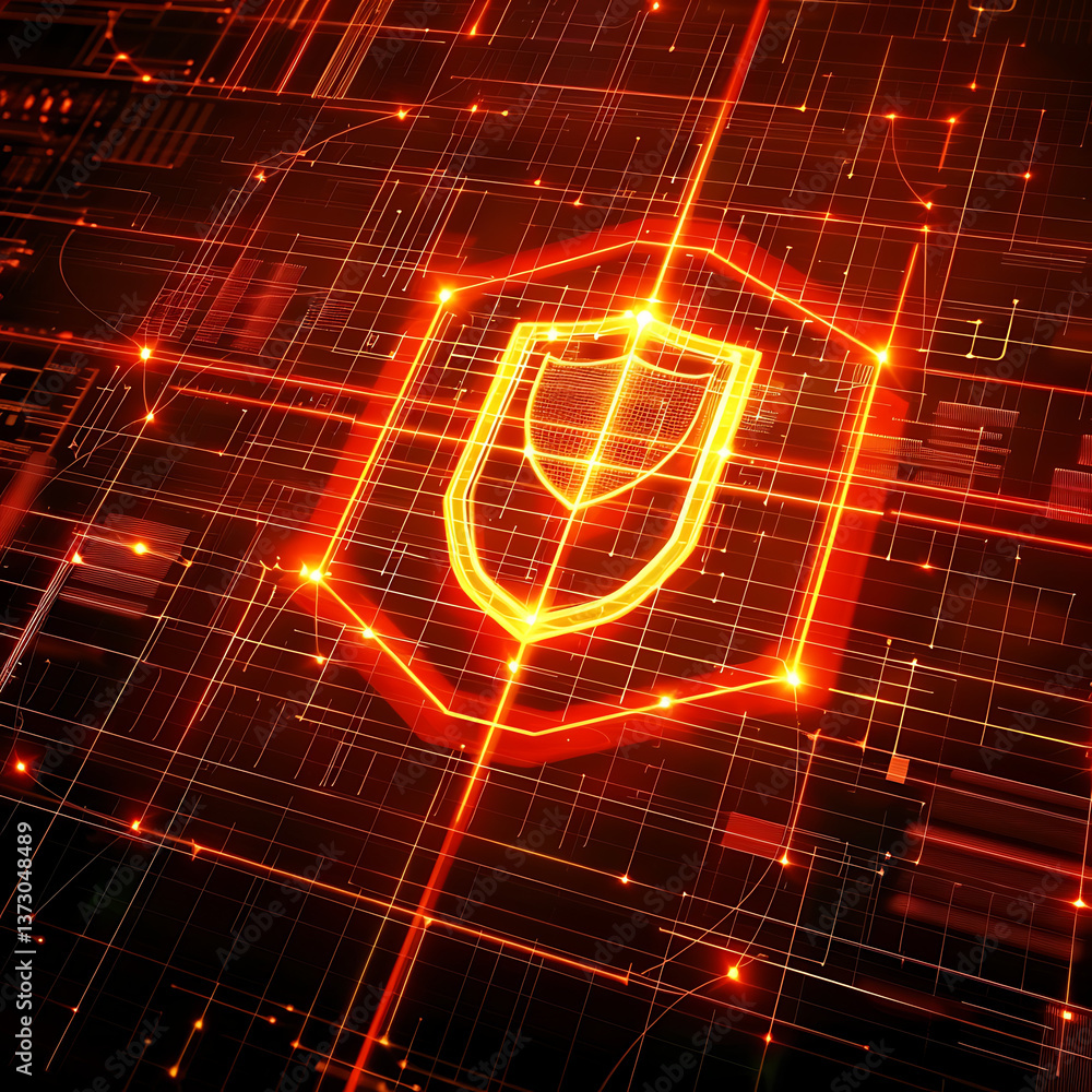 Poster cyber security concept with a glowing orange shield icon centered on a digital circuit board backgro