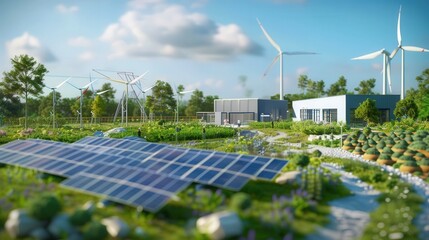 Fototapeta premium Hybrid renewable energy system combining solar panels, wind turbines, and a small hydroelectric generator
