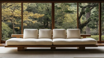 Minimalist modern sofa with wooden frame and off-white cushions, overlooking a tranquil garden