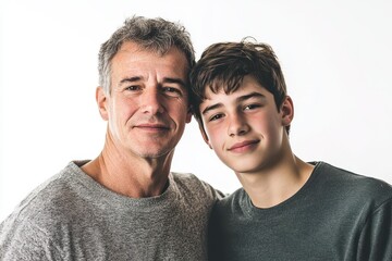 A dad with a charming teenage son against a white background