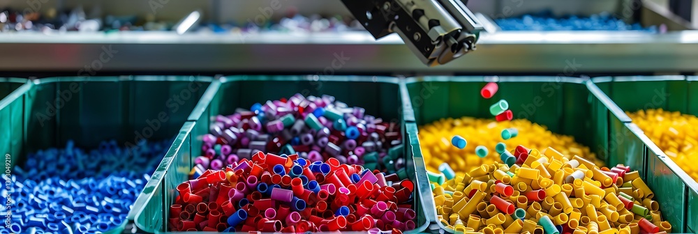 Poster industrial machine sorting small, colorful plastic components into separate bins on a production lin