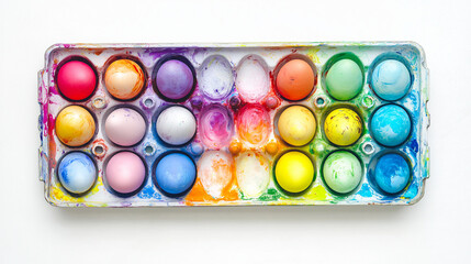 colorful easter eggs in carton tray on white background