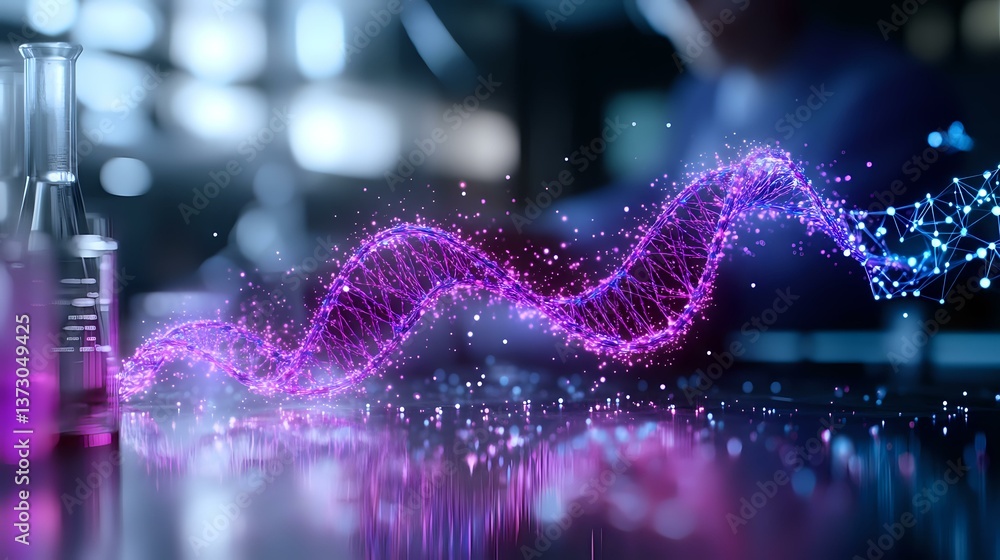 Poster glowing purple dna helix structure with particle effects floating above reflective surface in labora