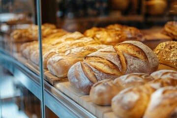A detailed view of a bakery showcase brimming with fresh bread Glass reflections evoke a