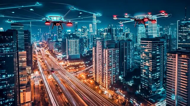 Aerial view of futuristic drones flying over a vibrant city skyline at night, showcasing urban life and technology