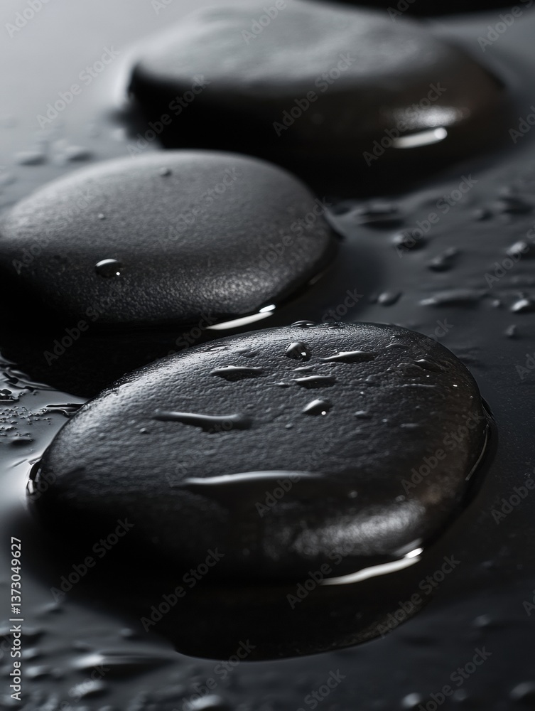 Aufkleber close-up of smooth black river stones on a wet reflective surface showcasing minimalist nature textu