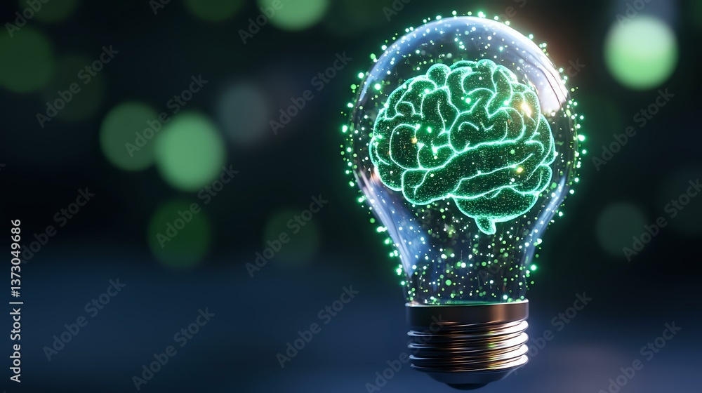 Poster glowing brain inside light bulb with sparkles and particles on dark background with bokeh effect. cr