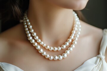 a woman wearing a triple strand pearl necklace