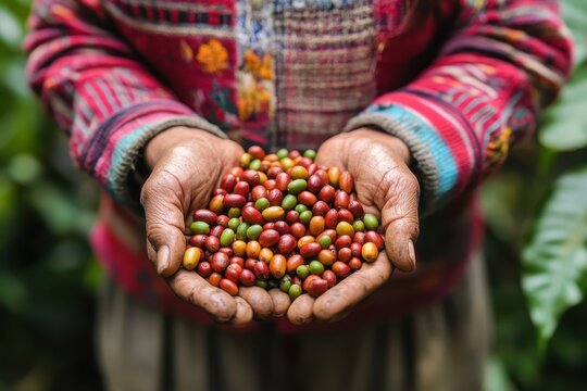 A woman with newly harvested coffee beans from her Peruvian highland farm
