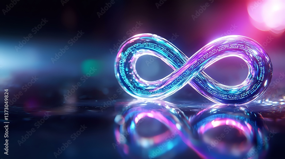 Poster glowing infinity symbol in neon blue and purple colors with reflection on dark surface, abstract bac