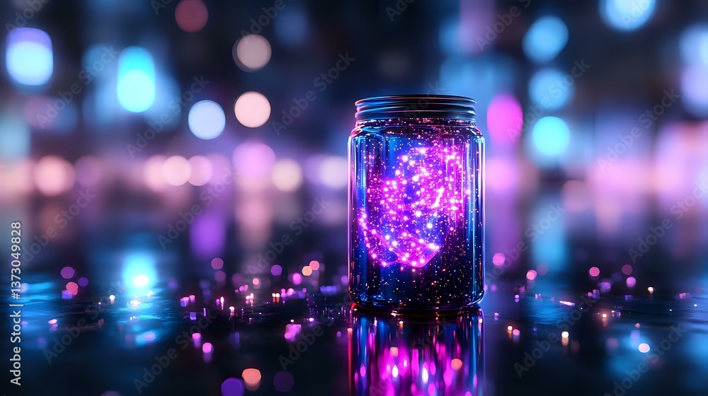 Poster glowing magical jar with pink and purple lights against dark background with bokeh effect, surrounde