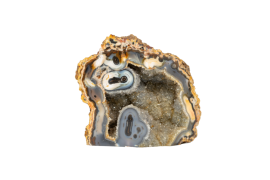 Large and Natural gemstone agate cut in half. view straight. macro, close up