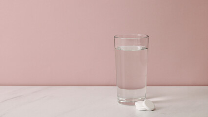 Glass of water with dissolving pills on marble table against pink background
