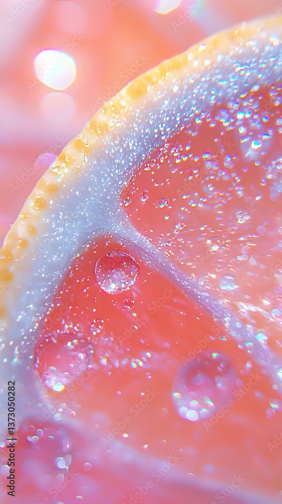 Poster macro shot of fresh grapefruit slice with water droplets and bokeh effect in pink and coral tones, c