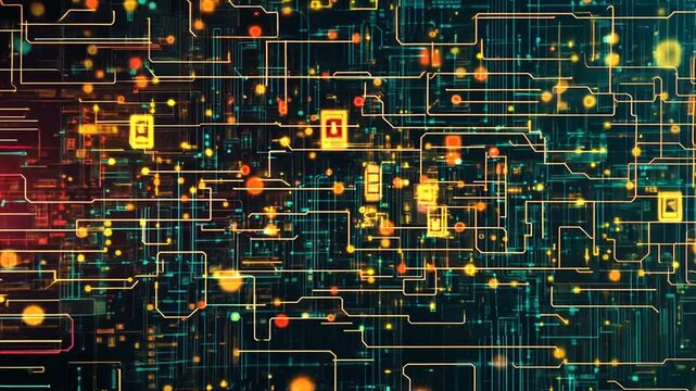 Abstract digital network with glowing nodes and connections, depicting technology and data flow in a futuristic setting