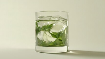  A magnified image of a transparent cup filled with frozen water and floating green foliage