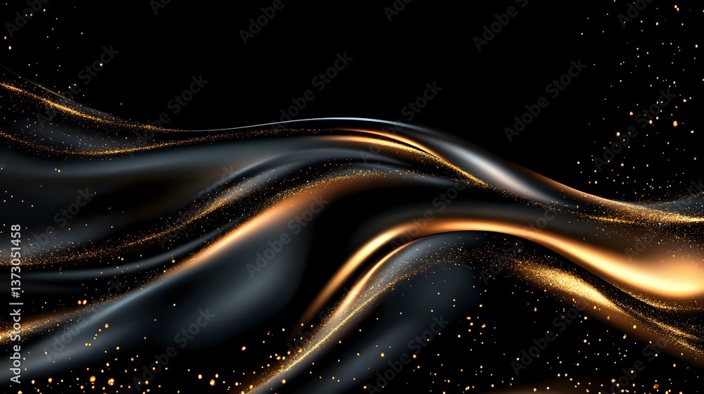 Poster luxurious black and gold flowing waves create elegant abstract background with shimmering particles 