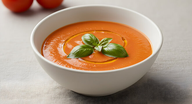 Bowl of creamy tomato bisque garnished with basil leaves and olive oil swirl