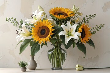 Serene Floral Design with Sunflowers and White Lilies on Off-White Canvas