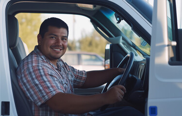 Happy man in plaid shirt smiling inside a white van while seated at the driver&rsquo;s seat in a bright outdoor setting