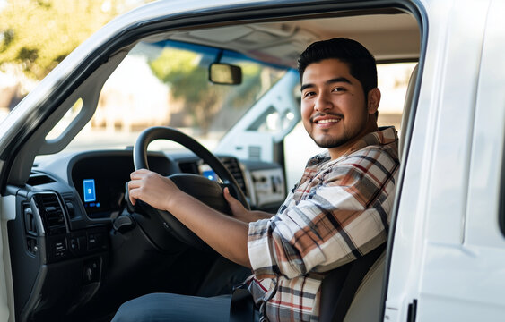 Smiling delivery van driver in casual flannel shirt sitting behind the wheel of vehicle on sunny day representing friendly service transportation and reliable last mile logistics
