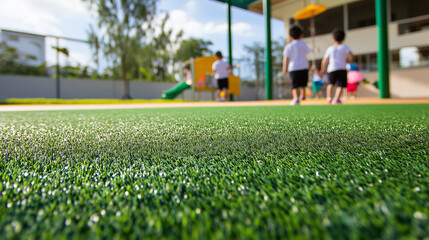 Outdoor playground with artificial green grass surface and children walking in the distance near school or daycare building on a sunny day, ideal for concepts of safety, early education, recreation, o