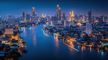 Fototapeta premium Bangkok cityscape at twilight, riverfront view, illuminated buildings, and residential areas