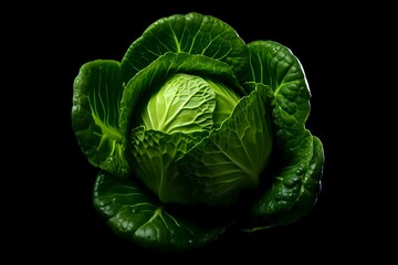 Fototapeta premium Fresh green cabbage head with textured leaves isolated on black background, dramatic lighting highlights natural veins and patterns. Suitable for food photography and design.
