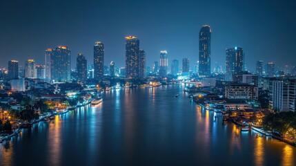 Obraz premium Night cityscape reflected on river, Bangkok skyline
