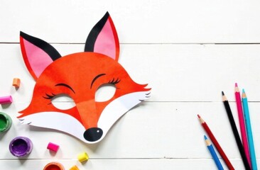Obraz premium Fox mask craft with colorful pencils and paint on white background