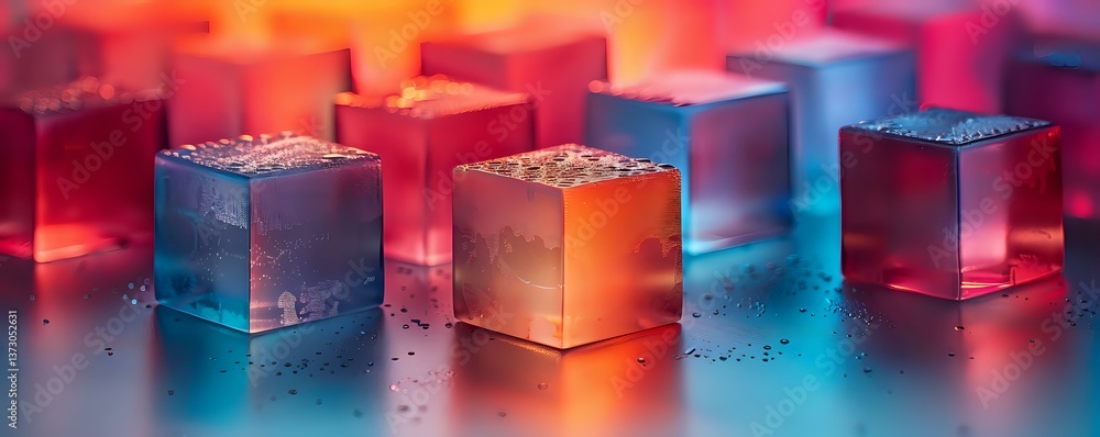 Aufkleber glowing metallic cubes with reflective surfaces arranged in row on dark surface with dramatic red an