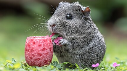   Close-up of rodent eating food from a cup on a field of grass and flowers