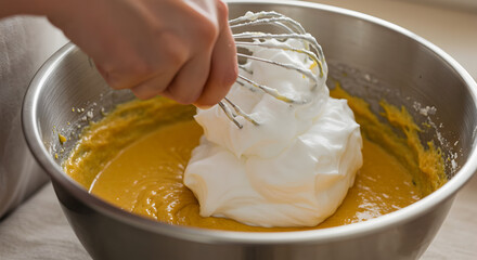 Incorporating airy egg whites into batter for fluffy baking masterpiece creation