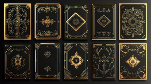 Ten playing cards with intricate golden designs on black backgrounds are visible