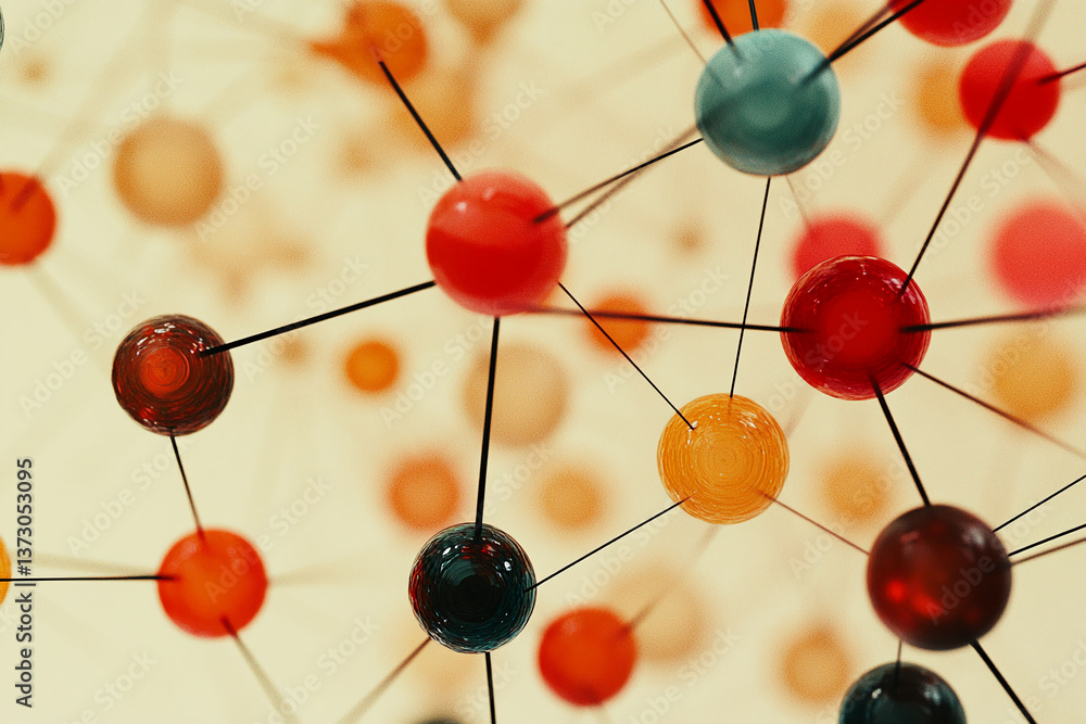 Poster Abstract image of interconnected colorful spheres, suggesting a network or complex system, symbolizing connection, communication, and global interaction
