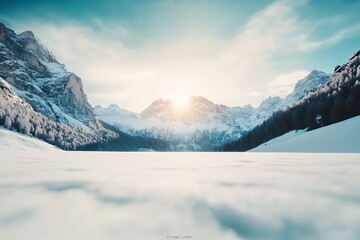Obraz premium Bright sun shining over snowy mountain range and frozen lake
