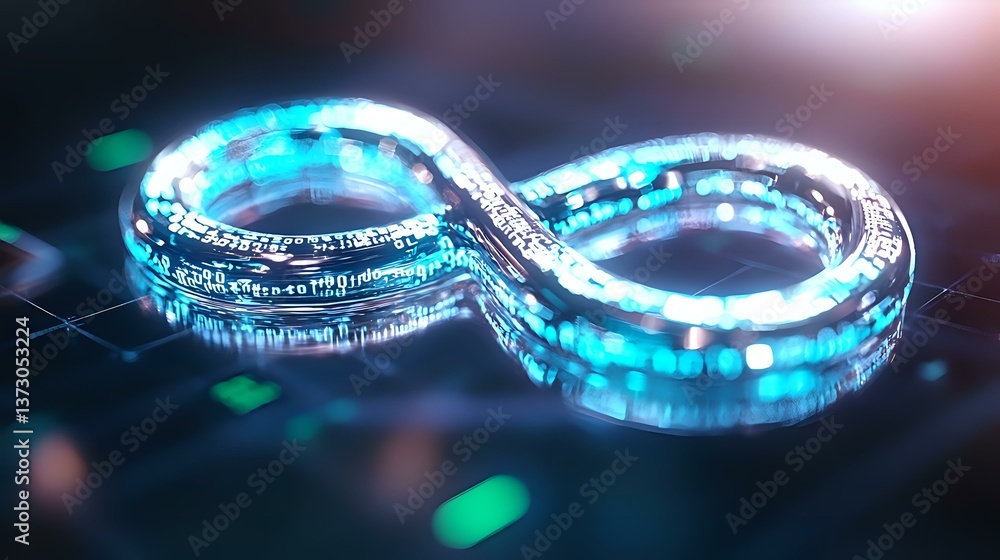 Poster glowing infinity symbol in neon blue and turquoise colors with digital circuit pattern and bokeh lig