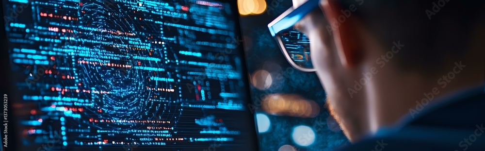 Poster male programmer in glasses working late at night, viewing complex code on dark computer screen with 