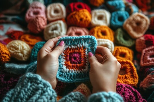 Aerial perspective of a woman crocheting a colorful granny square with cotton yarn and com