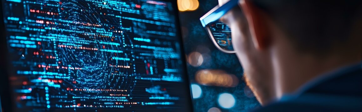 Male programmer in glasses working late at night, viewing complex code on dark computer screen with blue illumination, focused on cybersecurity task.