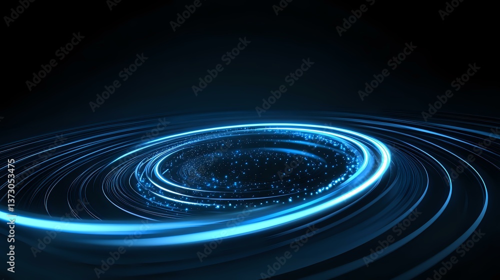 Poster glowing blue spiral light trails with sparkling particles create dynamic motion effect against dark 