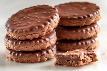 A stack of chocolate-coated biscuits rests on a white surface, with one biscuit broken to reveal a creamy filling. The setting emphasizes the sweet treat's texture and detail