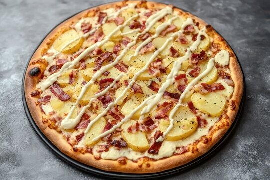 Aerial view of a gourmet pizza featuring sliced potatoes bacon and creamy sauce on a toa