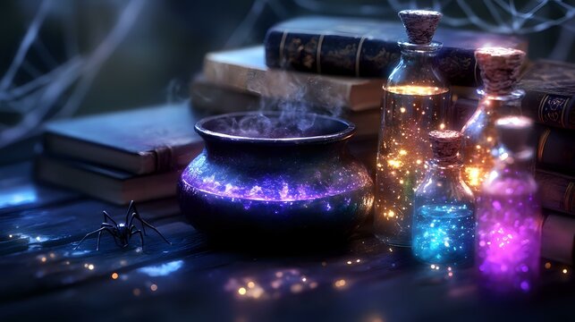 Magical glowing potion bottles and cauldron with colorful sparkles, smoke and mystical lights among ancient spell books on dark background. Fantasy alchemy concept.
