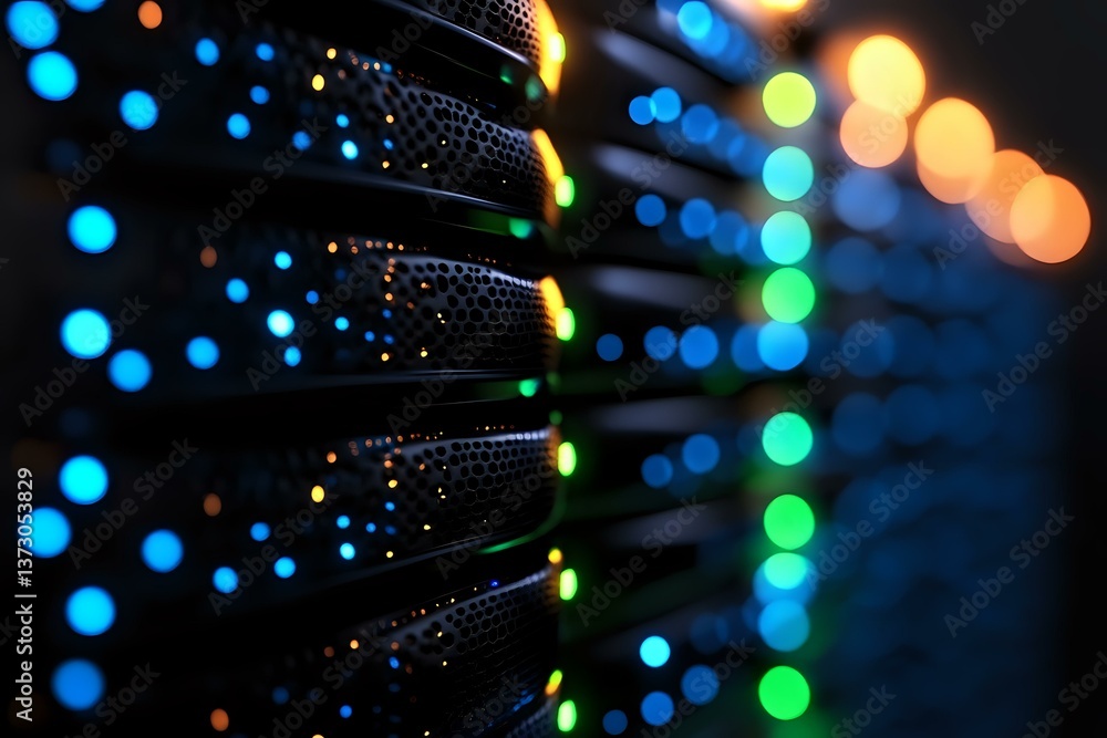 Poster network server rack with glowing led indicators in dark data center, blurred bokeh lights creating a