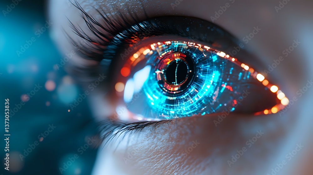 Poster futuristic close-up of eye with digital holographic interface overlay showing technological enhancem